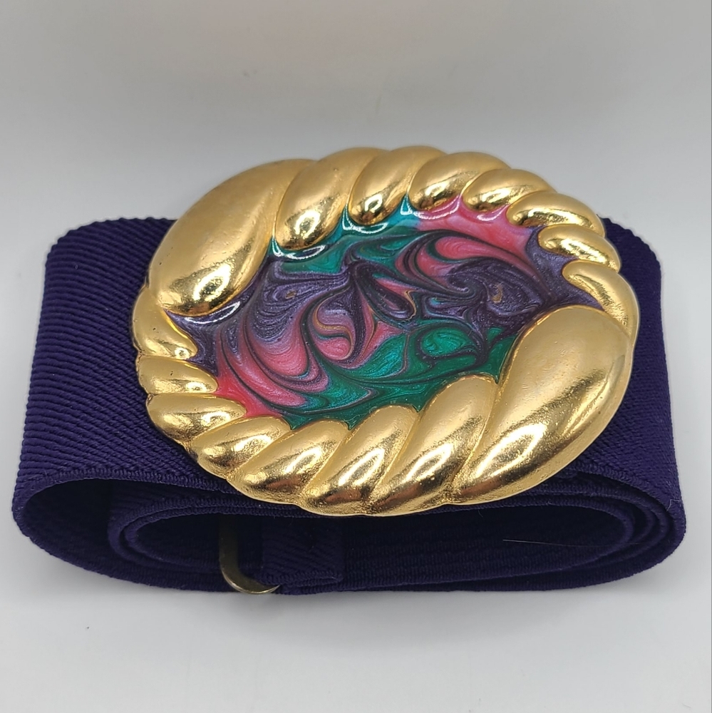 Nan Lewis Stretch Waist Belt Enamel Purple Gold Tone Vintage